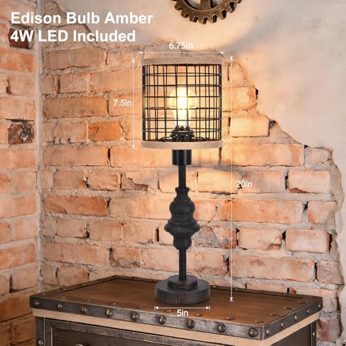 2 Pack Black Industrial Metal Mesh Table Lamp, 20" Tall Farmhouse Bedside Lamp with Burlap Trim, 5ft Brown Cord Rotary Switch, E26 Bakelite Socket for Bedroom Living Room