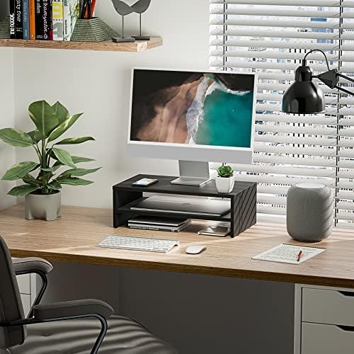 FITUEYES Wooden Monitor Stand Riser, 2-Tier Desk Storage Shelf, Black