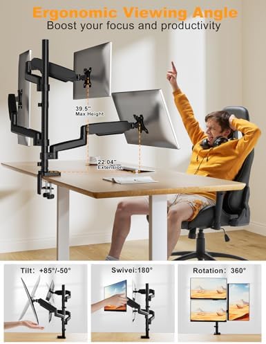 Triple Monitor Mount for 13-32 Inch Screens, Gas Spring Adjustment Triple Monitor Stand Holds 17.6lbs per Arm, Tilt, Swivel, Rotation with Clamp & Grommet Kit, Max VESA 100x100mm FORGIGN Mount