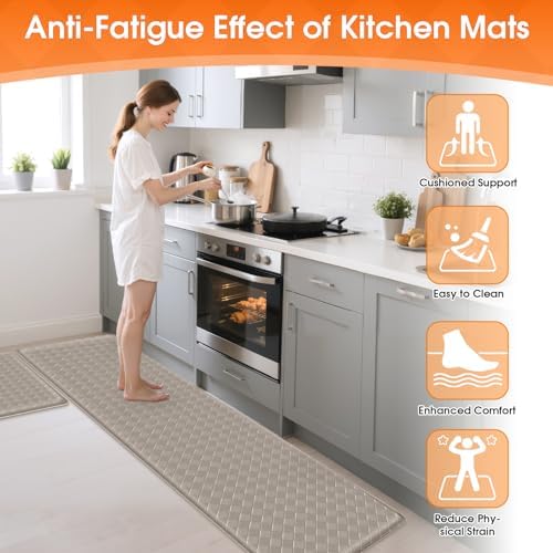 TranquilRelax Kitchen Mats, Cushioned Mats with Extra-Long Runner, Taupe