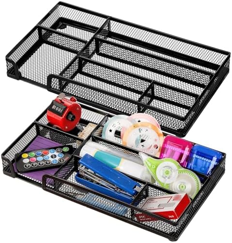 Noamus 2 Pack Desk Drawer Organizer, Metal Mesh Drawer Office Tray, 6 Compartments Pen Organizer Storage Box, Desktop Basket Accessories for Home Office School Kitchen Vanity Supplies, Black