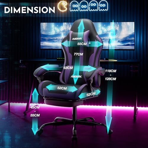 Gaming Chair, Ergonomic Computer Chair with Footrest and Lumbar Support, Height Adjustable Game Chair with 360°-Swivel Seat and Headrest and for Office or Gaming BLACKPURPLE