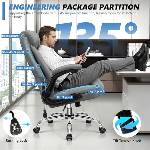 BestGlory Executive Office Chair with Lumbar Support, Big and Tall Ergonomic Computer Desk Chair, Leather Comfy High Back Gaming Chair with Flip Up Arms & Rocking Function for Home Office, Gray