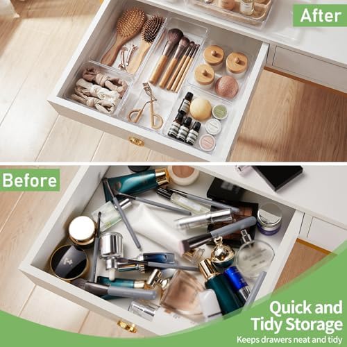 6 PCS Clear Plastic Drawer Organizer, Large 15" X 6" 3-Size Acrylic Stackable Kitchen Drawer Storage Tray, Bathroom Drawer Organizer Trays, Storage bins for Cosmetics Bathroom Kitchen Office