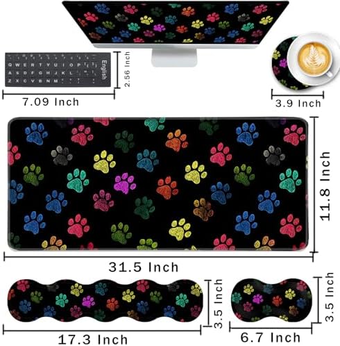 Keyboard Wrist Rest and Mouse Pad with Wrist Support Set Ergonomic Coaster,Memory Foam,Easy Typing Pain Relief,Large XL Desk Mat 31.5"x 11.8",Colorful Paw Prints