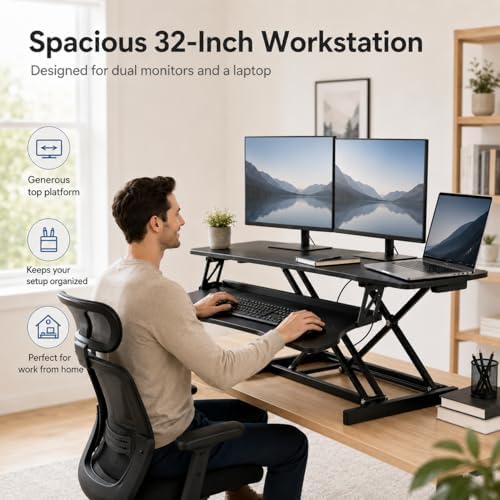 32 Inch Desk Converter, Height Adjustable Stand Up Dual Monitor and Laptop Workstation, Desk Riser for Standing with Wide Keyboard Tray, Standing Desk Topper with Spring Loaded Lift (Black)