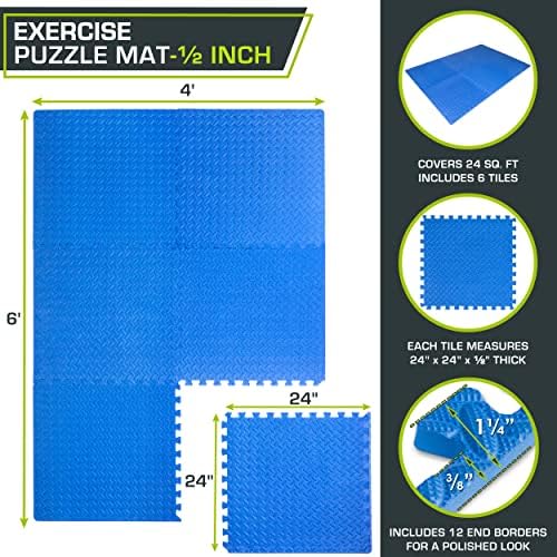 ProsourceFit Exercise Puzzle Mat ½-inch, EVA Interlocking Foam Floor Tiles for Home Gym, Workout Equipment, Kids Play Areas, Blue, 24 SQ FT - 6 Tiles