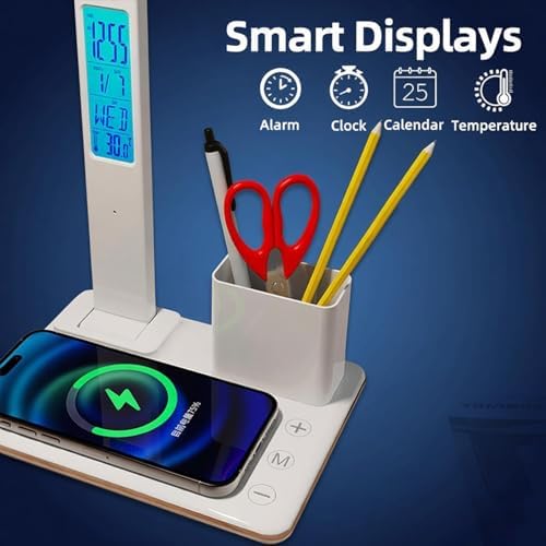 AYI Multifunctional Wireless Charging Desk Lamp – 15W Fast Charger, Digital Alarm Clock & Temp Display, 3CCT 5-Level Dimming, Touch Control, 180° Rotatable LED Lamp, HYT1771 White.
