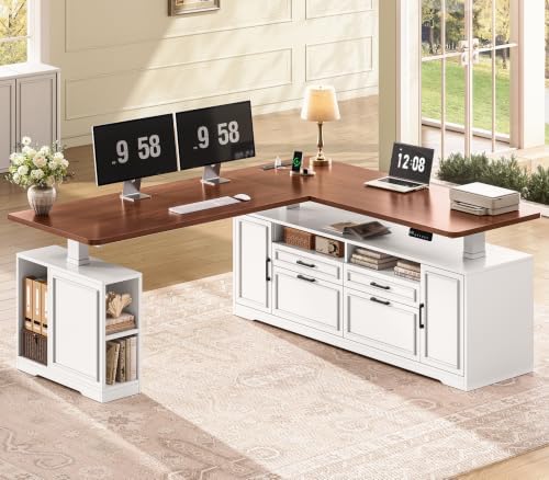 SEDETA Farmhouse L Shaped Executive Electric Standing Desk with 4 Drawers