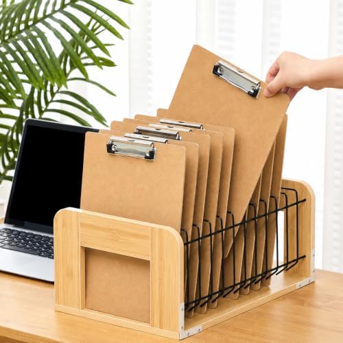 1 Pcs Vertical Clipboard Holder, 12Slot Clipboard Storage Rack, Bamboo Wood