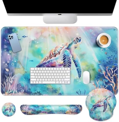 Britimes Keyboard Mouse Pad Set, 4 in 1 Desk Mat Set, Sea Turtle Cute