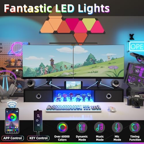 YAOHUOO Dual Monitor Stand with LED Light 2 Drawers, Computer Monitor Riser for 2 Monitors, Large Desktop Organzier with Storage for PC/Laptop/Computer/TV Screen/Printer