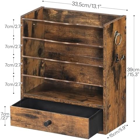 HOOBRO Wall File Organizer, Mail Organizer Wall Mounted, Wooden Literature Organizer, Construction Paper Organizer with Drawer Storage and 2 Hooks, for Office, Classroom, Home, Rustic Brown FG14WF01