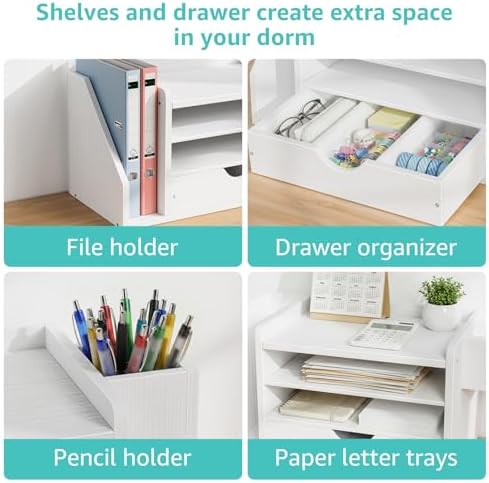 Wood Desk Organizers and Accessories with Drawer - White 3 Tier Paper Tray and Desktop Storage Caddy for Office Supplies, Slanted File Folder Holder and Pen Cup, Dorm Essentials for School