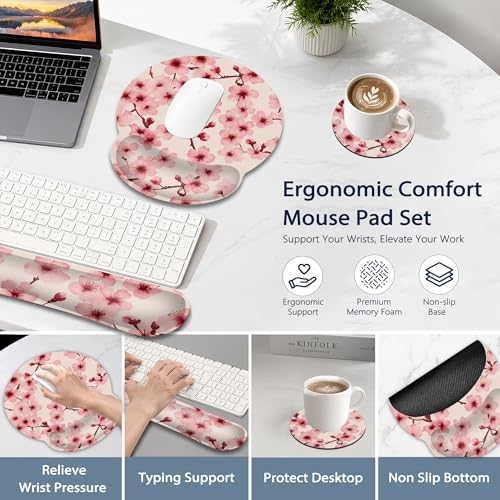 Cherry Blossoms Ergonomic Keyboard and Mouse Wrist Rest Set, Japanese Style Mouse Pad with Non Slip Base, Soft Cloth Surface for Office and Home Typing Support