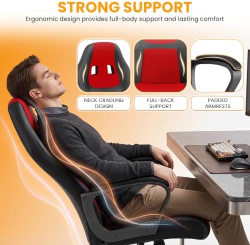 BestOffice Office Chair PC Gaming Chair Cheap Desk Chair Ergonomic PU Leather Executive Computer Chair Lumbar Support for Women, Men (Red)