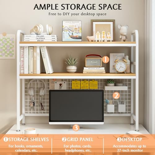 IOTXY 2-Tier Desktop Hutch Bookshelf, Metal Desk Shelf, White, 37.4" W