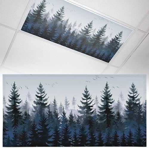 Forest Blue Trees Magnetic Fluorescent Light Covers for Ceiling Lights 2 x 4 Feet, Watercolor Nature Bird Office Classroom Kitchen Drop Ceiling Light Covers Lighting Filters Shade Panel 1 Pack