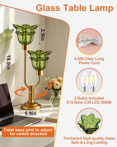 Green Glass Flower Table Lamp Vintage Dimmable 2 Bulbs Included
