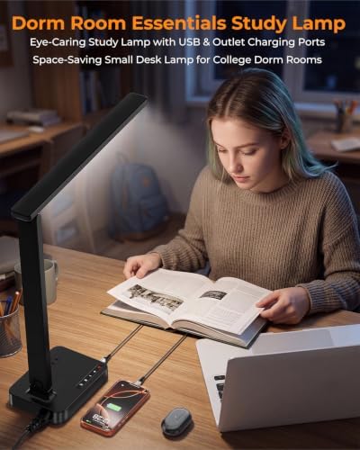 LED Desk Lamp with USB Charging Port for Dorm Office, 800lm, CRI 92, Black