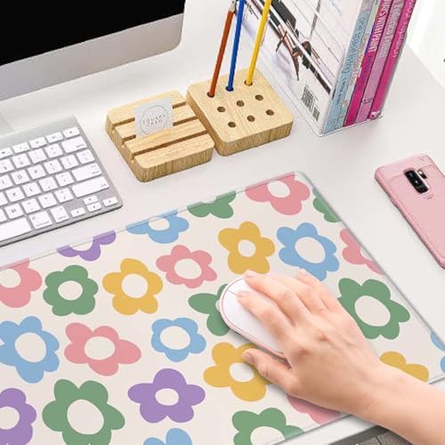 Large Gaming Mouse Pad with Stitched Edges, Colorful Groovy Flowers Desk Mat Extended Keyboard Pad, Non-Slip Rubber Base Desk Pad for Keyboard and Mouse, 31.5X11.8 inch