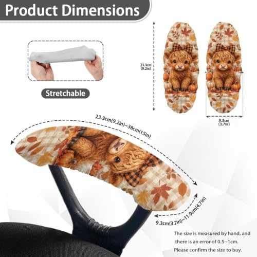 Highland Cow Print Office Chair Arm Rest Slipcover Sets of 2 Highland Cow Pumpkin Maple Leaf Printed Soft Stretchy Gaming Chair Armrest Covers Universal Fits Rotating Desk Gaming Chairs