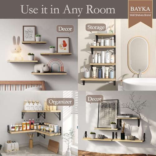 BAYKA Wall Mounted Floating Shelves (Carbonized Brown, Set of 4, 16" Mixed)