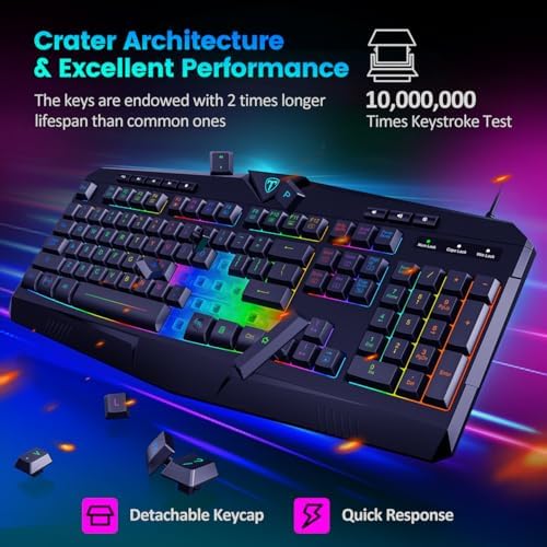 Gaming Keyboard, Full Size RGB Backlit Quiet Computer Keyboard, Wrist Rest, Silent Keys, Multimedia Keys, Anti-ghosting, Waterproof Light Up USB Wired Keyboard for PC Mac Xbox Gamer Office