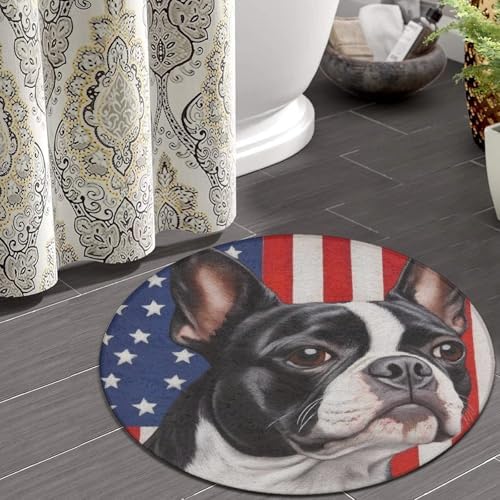 Home Decor Non Slip Kitchen Office Circle Rug, Machine Washable Modern Round Area Rug, Room Sofa Yoga Soft Round Carpet American US Flag Boston Terrier, 36inch