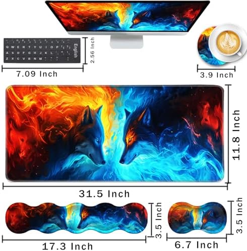 Keyboard Wrist Rest and Mouse Pad with Wrist Support Set Ergonomic Coaster,Memory Foam,Easy Typing Pain Relief,Large XL Desk Mat 31.5"x 11.8",Ice Wolf and Fire Wolf