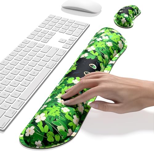 Dapesuom Enlarge Keyboard Wrist Rest, Memory Foam Wrist Cushion for Desk Mats Support, Typing Pain Relief Keyboard Mouse Pad Rests Set with Non-Slip Base for Gaming Laptop Computer, Anime Grass Cat