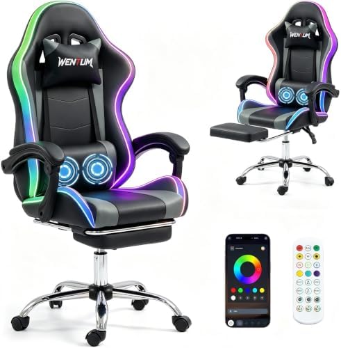LED Lights Gaming Chair with Footrest, Black/Grey