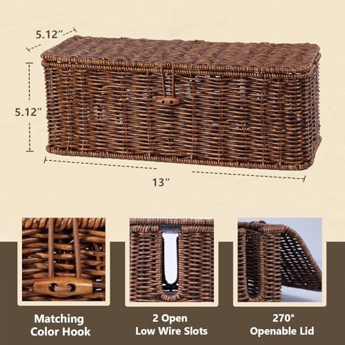 Cable Management Box, Cord Organizer with Lid & Cable Ties - Brown, M