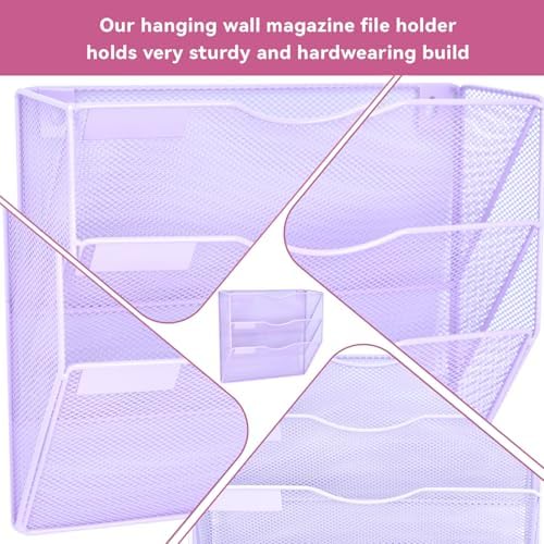 3 Pockets Mesh Wall File Holder Organizer Office Hanging File Folder Magazine Rack, Nametag Label Hooks Set Included (Purple)