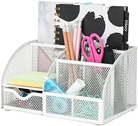 Exerz Desk Organizer 7 Compartments Metal Mesh Pen Holder Caddy White