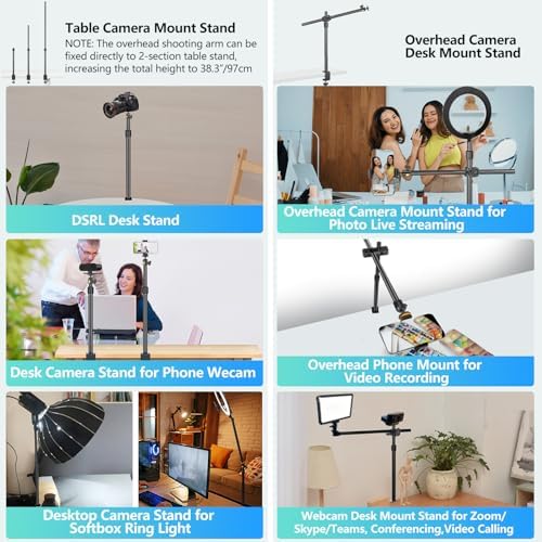 Camera Desk Mount Webcam Stand with Overhead Articulating Magic Boom Arm 1/4" Ball Head for DSLR Tripod, Adjustable Light Stand, Tabletop C Clamp for Ring Light Photo Video Shooting Live Streaming