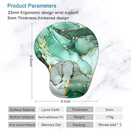 ITNRSIIET Ergonomic Mouse Pad with Gel Wrist Support Wrist Rest Smooth Surface Non-Slip PU Base Comfortable Office Supplies Pain Relief, 9.5 x 8 inches, Green Marble Texture