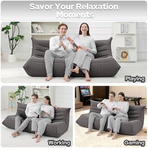 HABUTWAY Bean Bag Chairs Fireside Lazy Floor Sofa,3 Seater,Grey