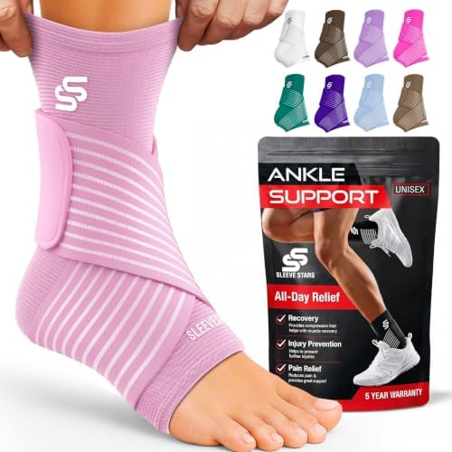 Sleeve Stars Ankle Support for Ligament Damage & Sprained Ankle, Plantar Fasciitis Support & Achilles Tendonitis Pain Relief, Ankle Brace for Women & Men w/Compression Ankle Strap (Single/Baby Pink)