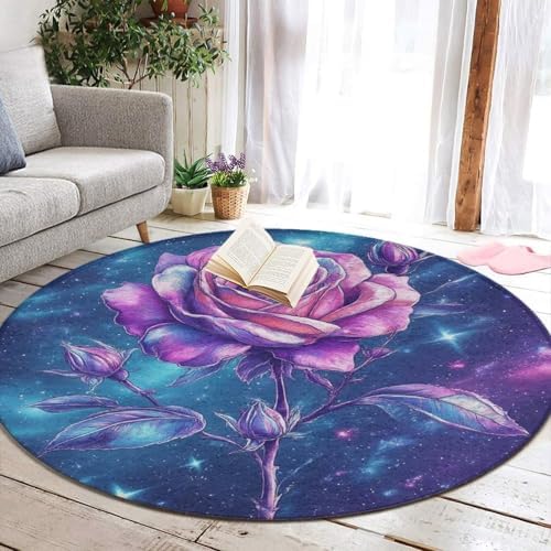 Home Decor Non Slip Kitchen Office Circle Rug, Machine Washable Modern Round Area Rug, Room Sofa Yoga Soft Round Carpet Space Galaxy Flower Glitter Rose Art, 36inch