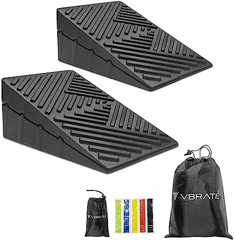 Adjustable Non-Slip Rubber Slant Board for Squats (4PC Squat Wedge Blocks) with 5 Resistance Bands – Heel Elevated Calf Stretcher & Calf Raise Block for Strength Training, Mobility & Balance