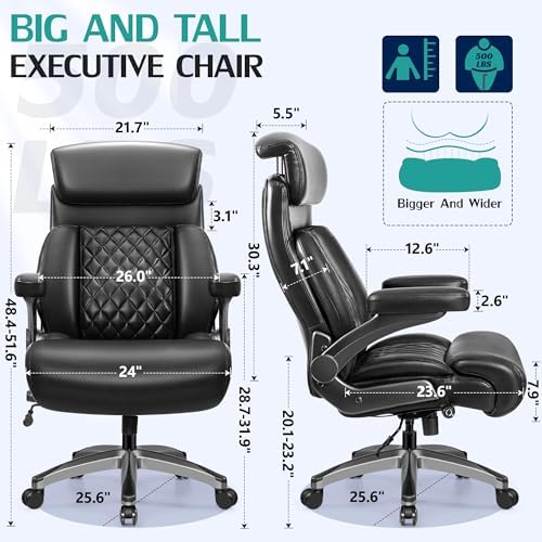 HeroSet 500lbs Executive Office Chair, Big and Tall Home Desk Chairs for Large People, Heavy Duty PU Leather Computer Gaming Chair with Adjustable Lumbar Support & Armrests, Thick Padding for Comfort