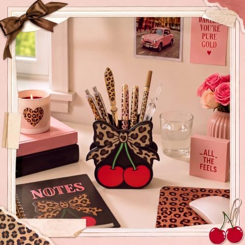Tenceur Cherry Leopard Bow Pencil Holder for Desk Large Capacity Bow Wood Pen Holder Coquette Desk Organizer Cute Teacher Office Decor Makeup Brush School Supplies Back to School Gift for Girls Women
