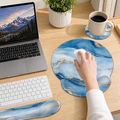 Marble Ergonomic Memory Foam Wrist Rest Set for Keyboard and Mouse,Blue Gold Flowing Marble Supportive Mouse Pad with Non Slip Base for Office Work and Gaming