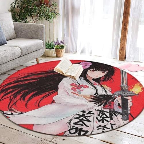 Machine Washable Modern Round Area Rug, Room Sofa Yoga Soft Round Carpet, Home Decor Non Slip Kitchen Office Circle Rug Japanese Samurai Anime Girl Art, 36inch