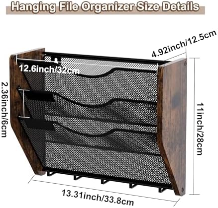 Wall File Organizer With Hooks,3 Tier Mesh Mail Organizer Wall Mounted,Hanging File Organizer,Magazine Holder for Documents,Magazine,Literature,File,Mails,Envelopes