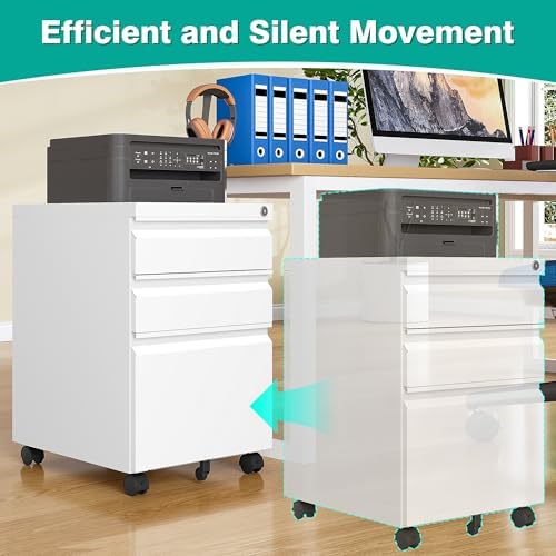 3 Drawer File Cabinet with Lock,Under Desk File Cabinet with Wheels,White Rolling Filing Cabinets,Three Drawer Metal Filing Cabinet for Home Office,Fit A4/Letter/Legal File,- Assembly Required