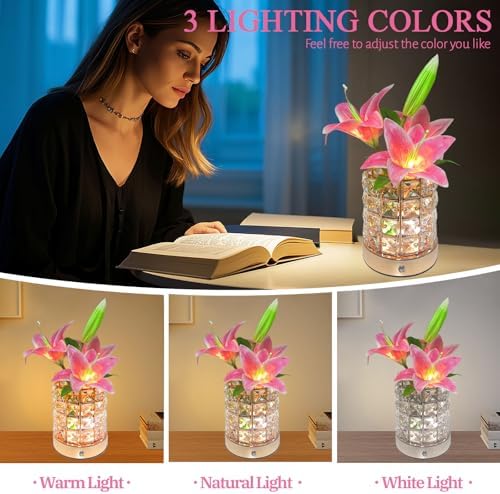 Lily Flower Lamps, Rechargeable Cordless Small Desk Lamp, 3 Colors Dimmable Artificial Flowers Night Light, Fake Bouquet 3 Lilies with Crystal Vase for Home Date Party Decoration (Pink - Lily)