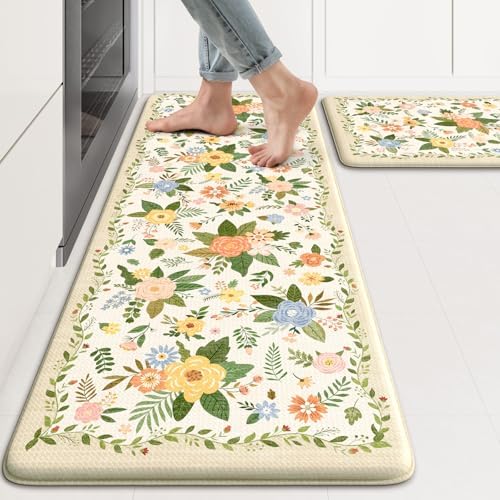 KIMODE Kitchen Mats for Floor Anti Fatigue,Beige Boho Kitchen Rugs Non Slip