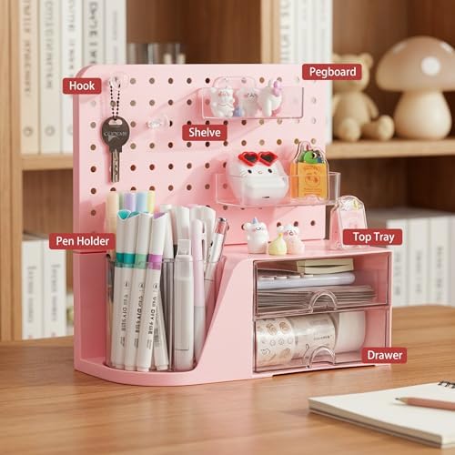 Comix Desk Organizer with 2 Drawer, Pink 360° Rotating Pen Holder for Desk